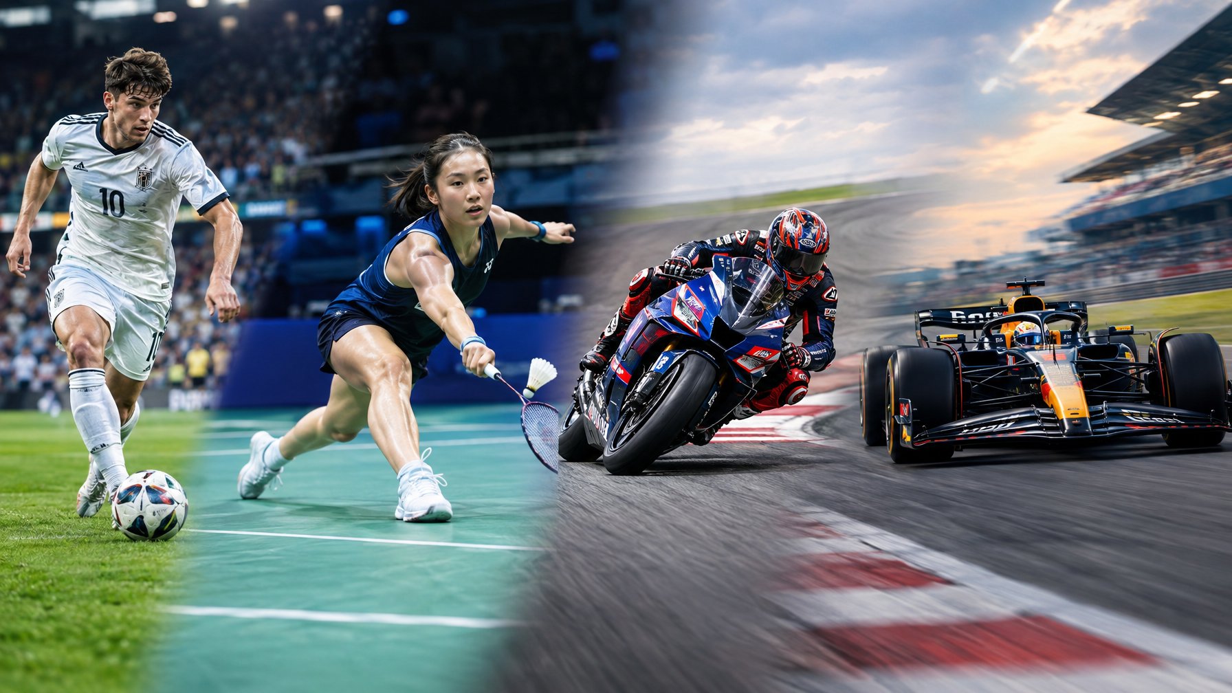 Pemain sepak bola dan bulu tangkis beraksi, sementara pembalap MotoGP dan Formula 1 melaju di lintasan.