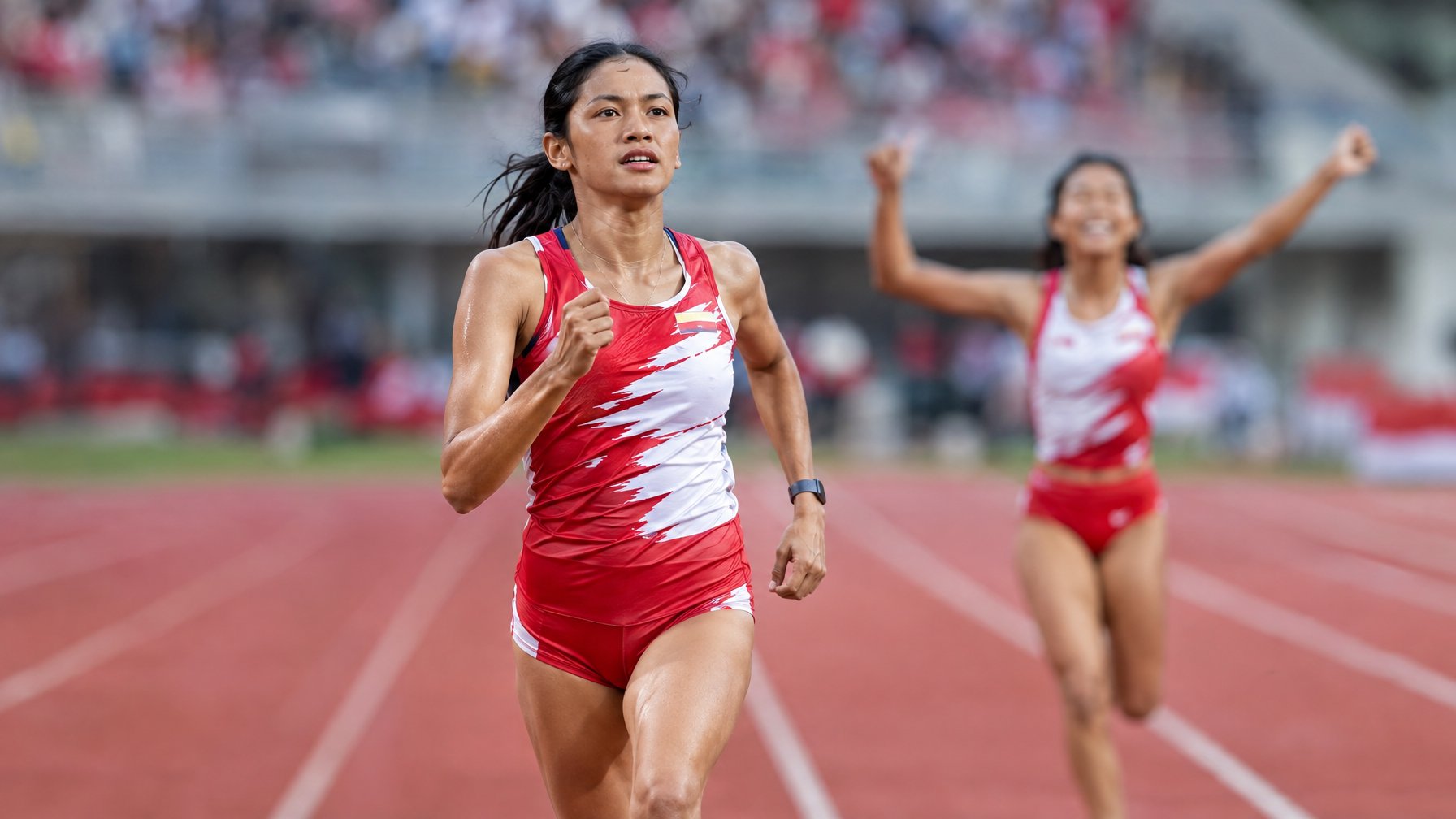 Atlet Indonesia berlari di lintasan stadion, sementara atlet lain merayakan di latar belakang.