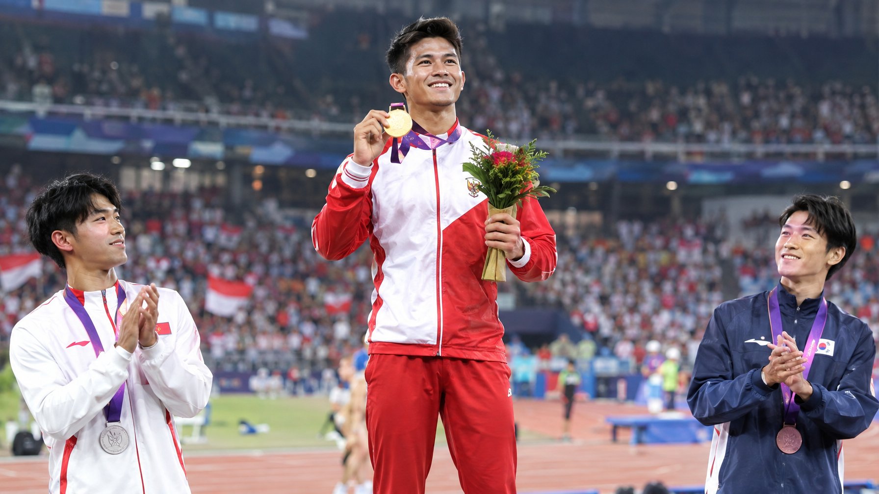 Atlet Indonesia meraih medali emas di podium stadion, sementara atlet lain dan penonton merayakan.
