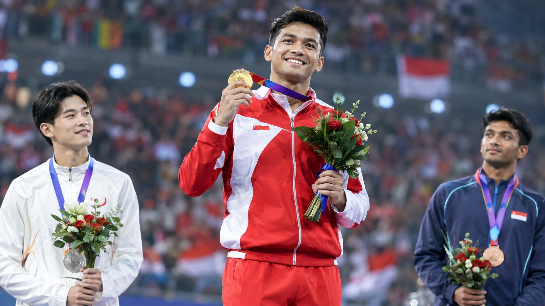 Atlet Indonesia berkalung medali berdiri di podium bersama atlet peraih medali lainnya.