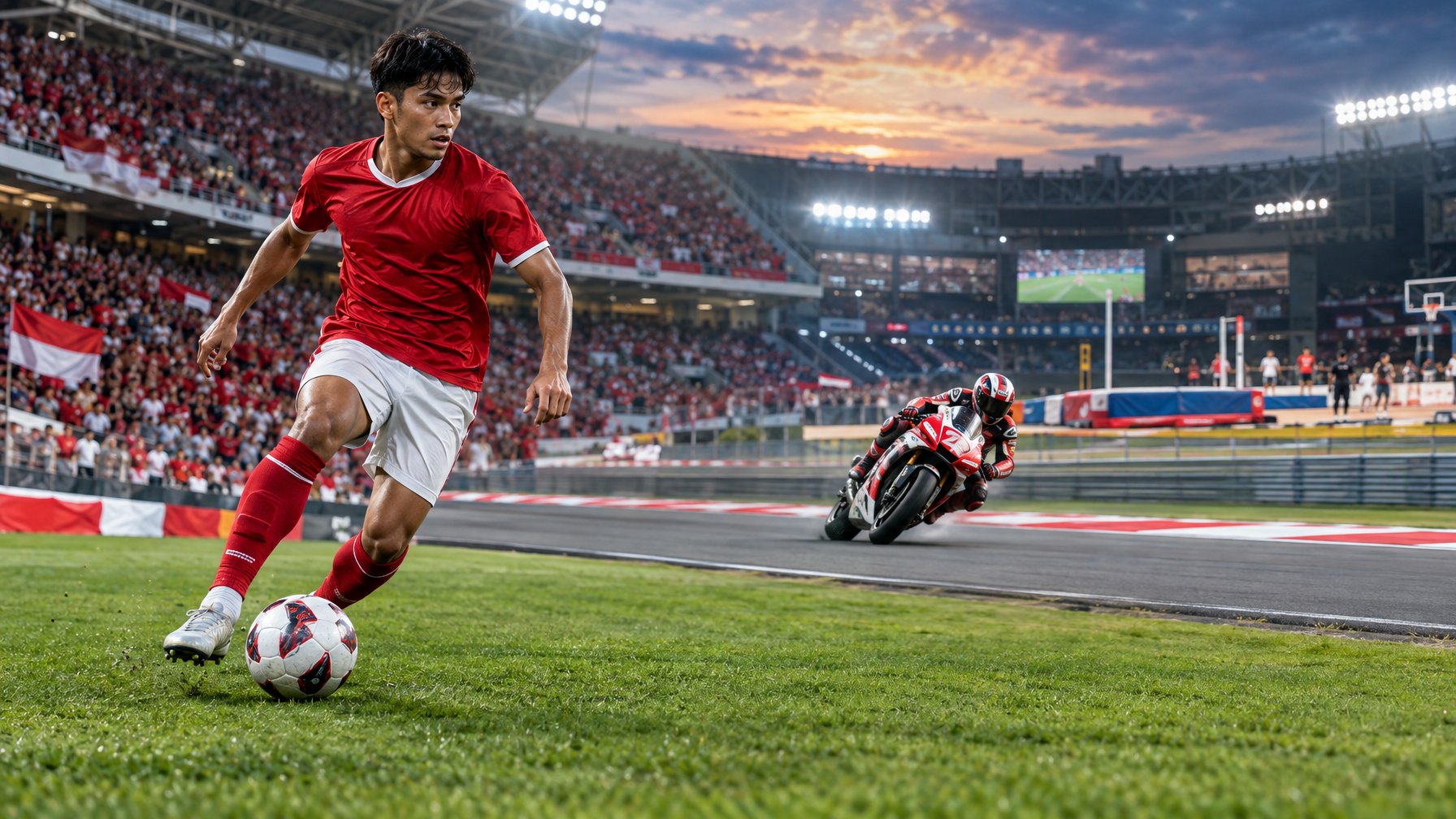 Pemain sepak bola Indonesia beraksi di lapangan, dengan pembalap motor melaju di sirkuit dan penonton memenuhi stadion.