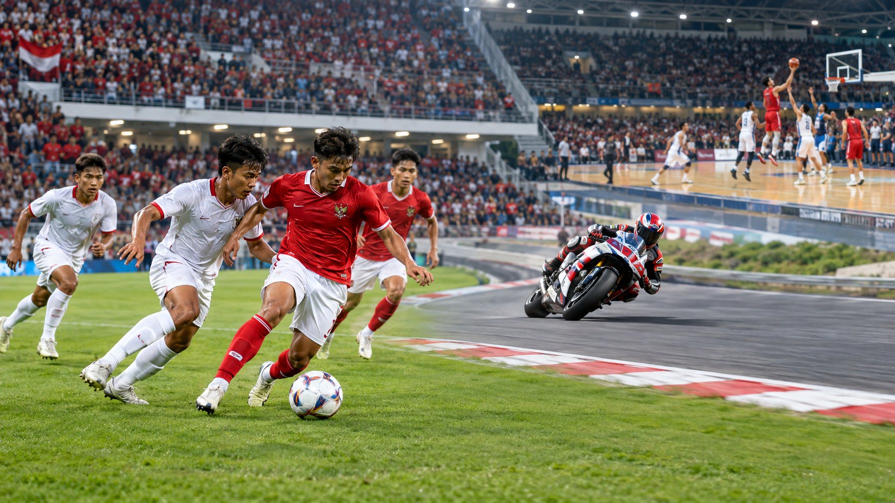 Pemain sepak bola Indonesia berlaga di stadion, dengan pembalap MotoGP dan pertandingan basket terlihat di latar.