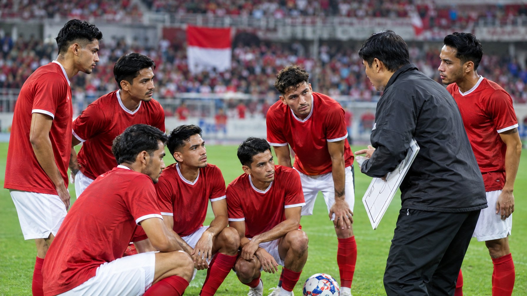 Para pemain Timnas Indonesia berkumpul di lapangan bersama pelatih.
