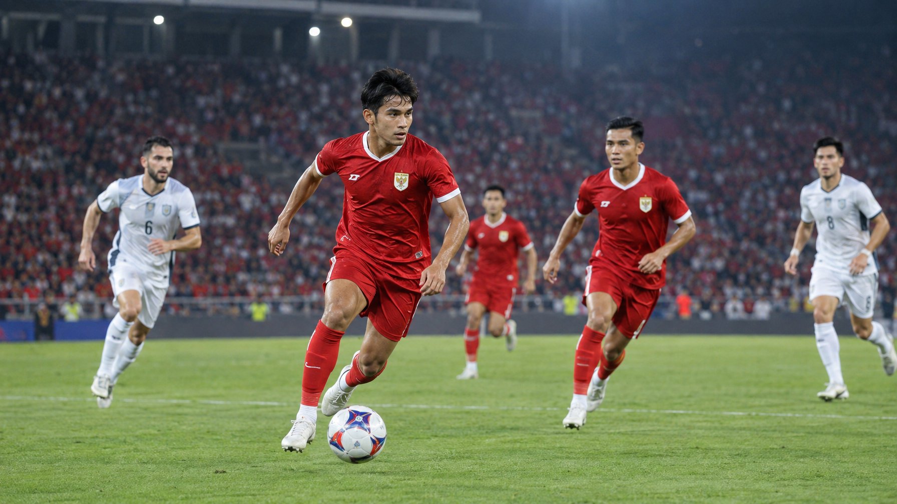 Pemain Timnas Indonesia berkaus merah bertanding di lapangan sepak bola.