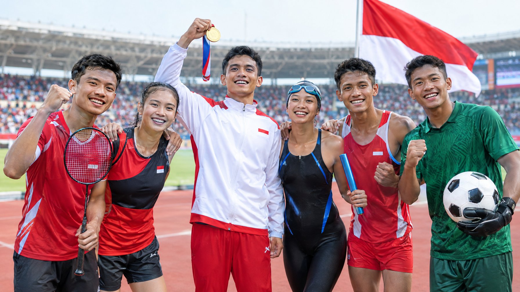 Para atlet Indonesia merayakan prestasi bersama di stadion, dengan seorang atlet mengangkat medali.