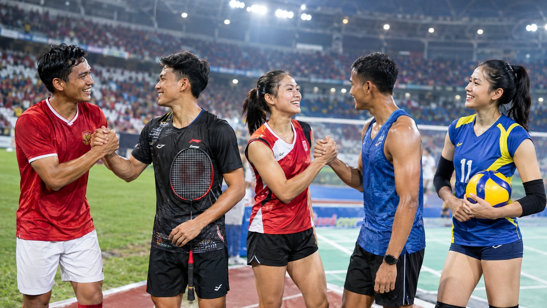 Para atlet Indonesia saling memberi selamat di stadion setelah bertanding.
