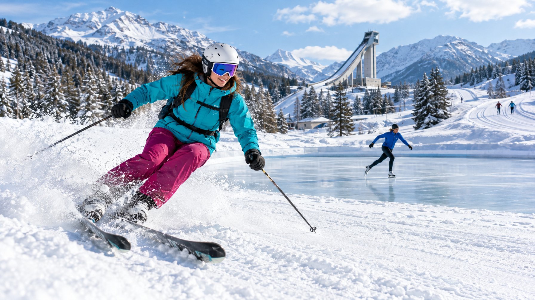 Atlet bermain ski di salju, sementara atlet lain meluncur di arena es dengan pegunungan bersalju di belakangnya.