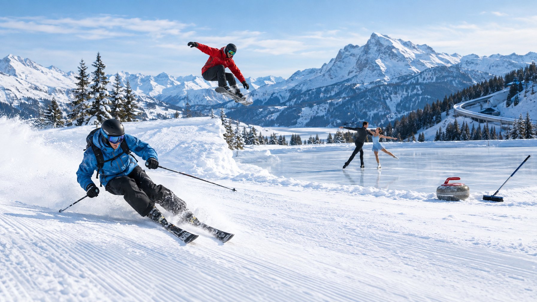 Atlet bermain ski dan snowboard di lereng bersalju, sementara pasangan peseluncur berlatih di arena es.