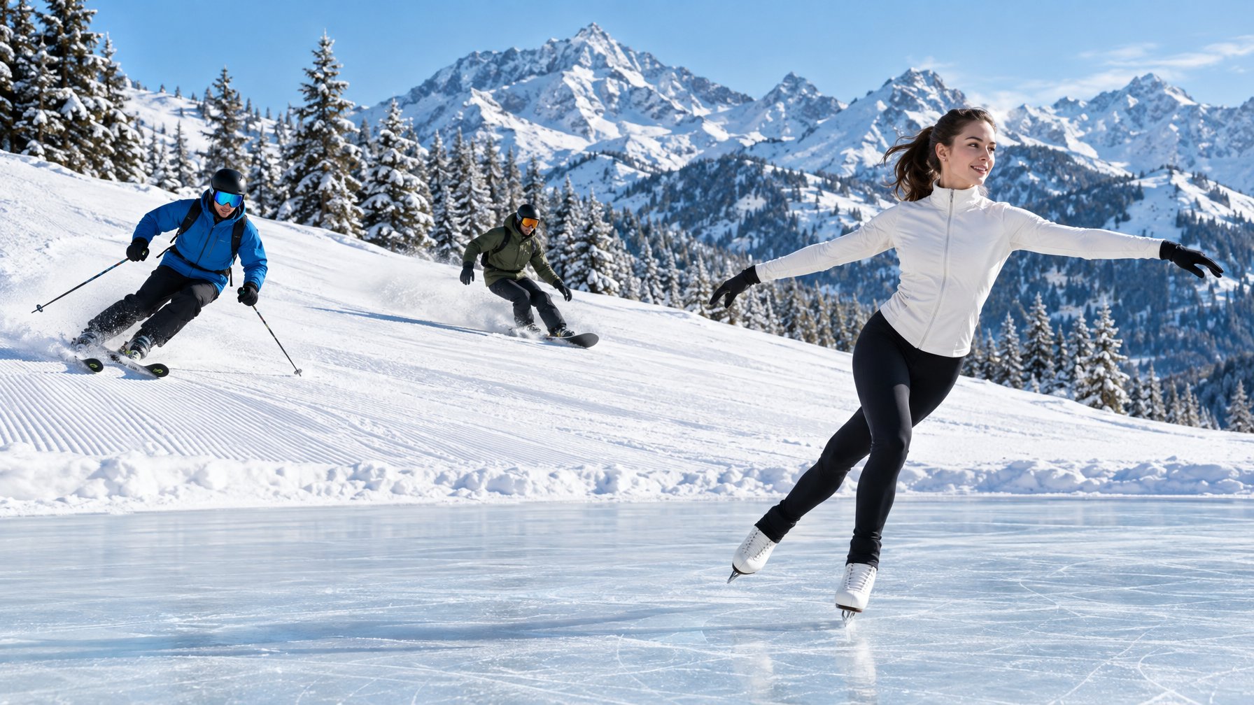 Atlet bermain ski dan snowboard di lereng bersalju, sementara seorang peseluncur meluncur di arena es.