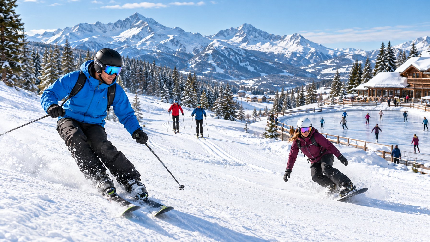 Para atlet bermain ski, seluncur salju, ski lintas alam, dan seluncur es di kawasan bersalju.