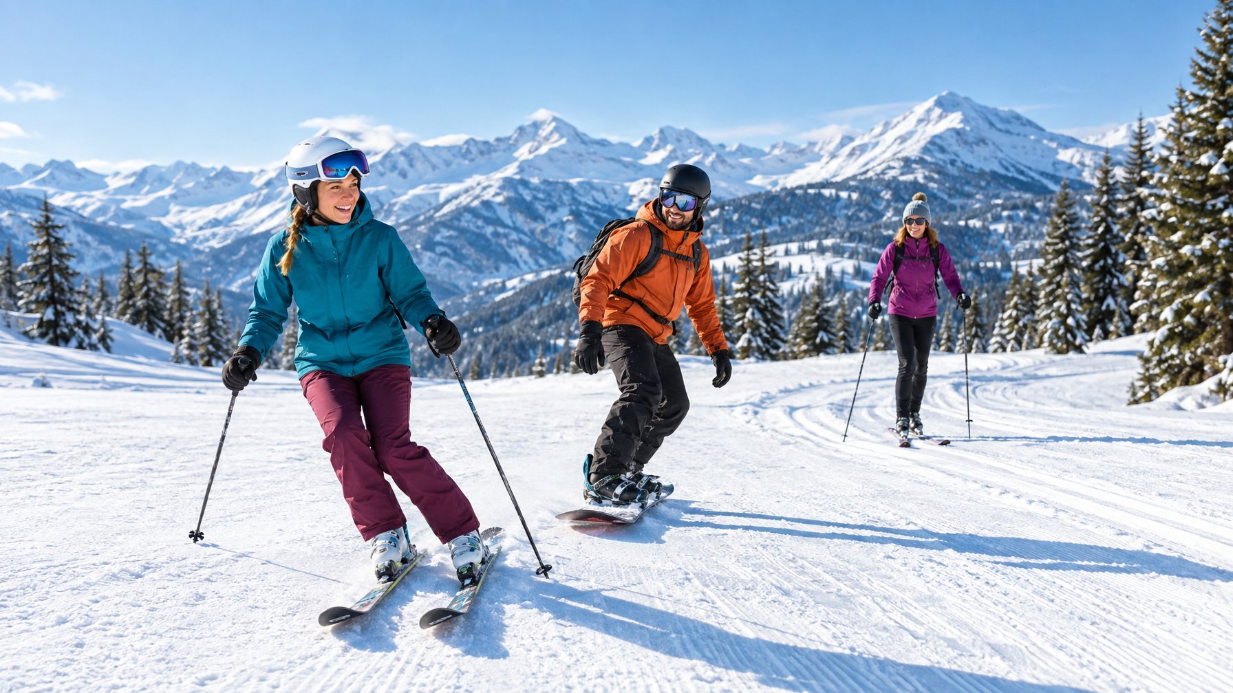 Tiga orang menikmati ski, seluncur salju, dan ski lintas alam di pegunungan bersalju.