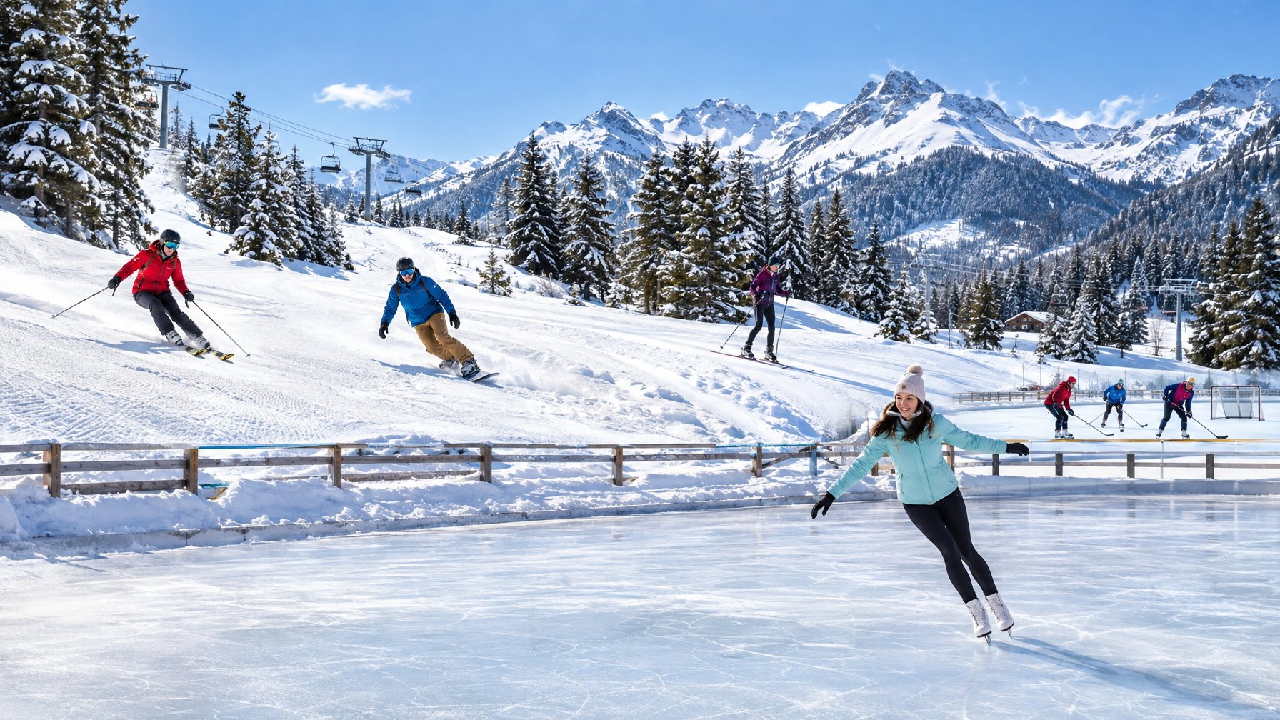Para atlet melakukan ski, seluncur papan salju, ski lintas alam, seluncur es, dan hoki di kawasan pegunungan bersalju.