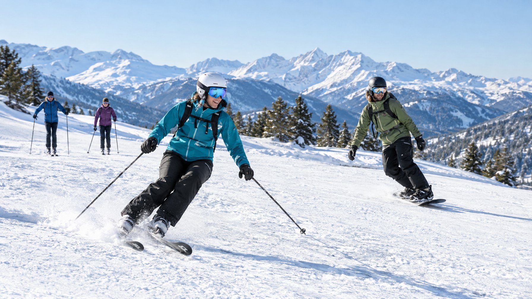 Para pemain ski dan snowboard berolahraga di lereng bersalju.