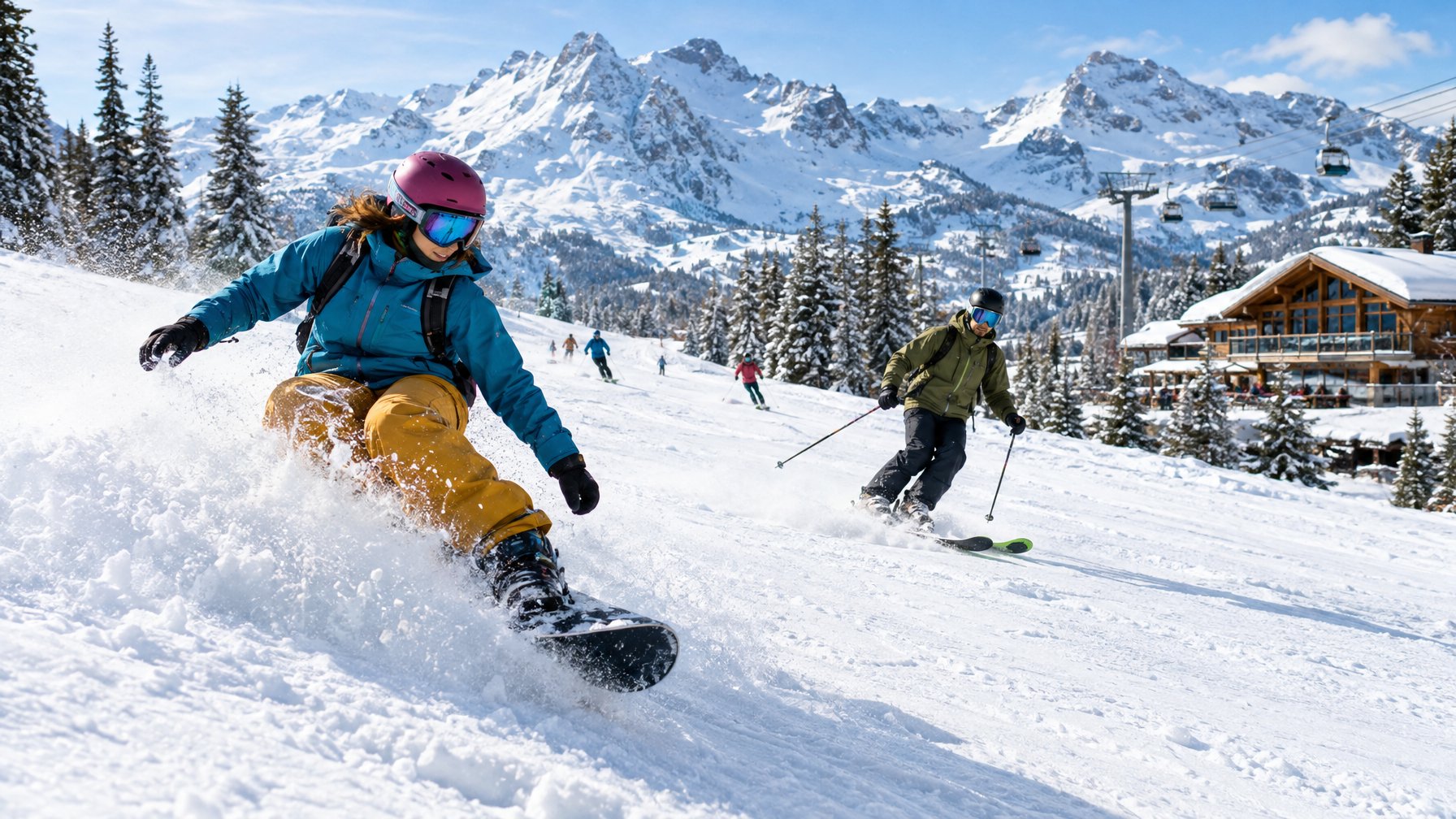 Seorang pemain snowboard dan pemain ski meluncur di lereng bersalju dengan pegunungan di latar belakang.