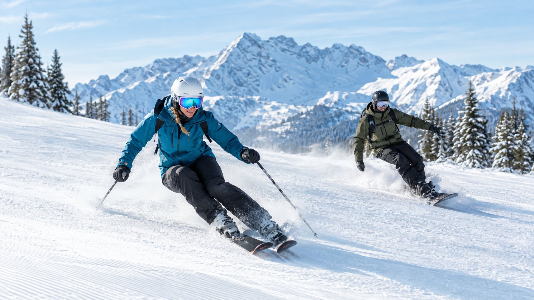 Seorang pemain ski dan peseluncur snowboard meluncur menuruni lereng bersalju di pegunungan.