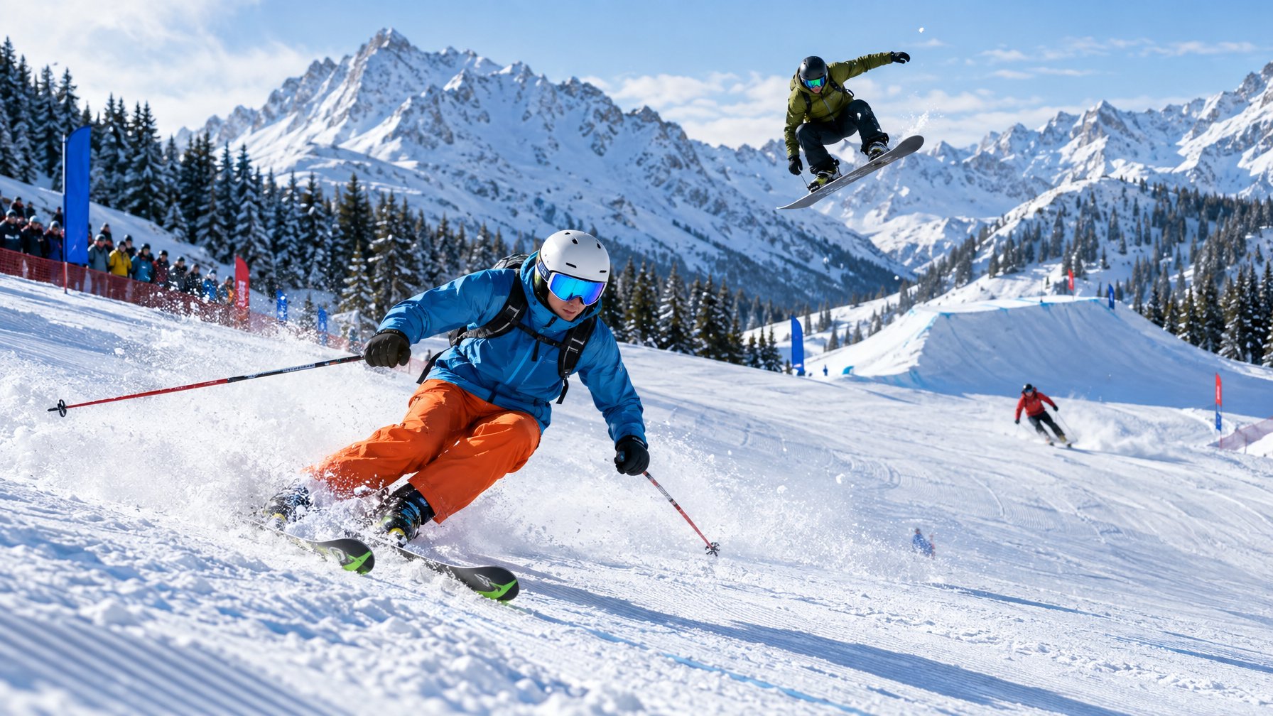 Para atlet bermain ski dan seluncur papan salju di lereng pegunungan bersalju.