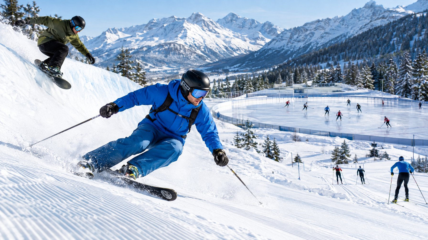 Atlet ski dan snowboard meluncur di lereng bersalju, dengan arena seluncur es di kejauhan.