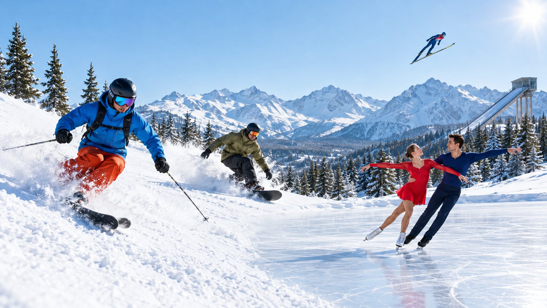 Atlet bermain ski, seluncur papan salju, seluncur indah, dan lompat ski di kawasan pegunungan bersalju.