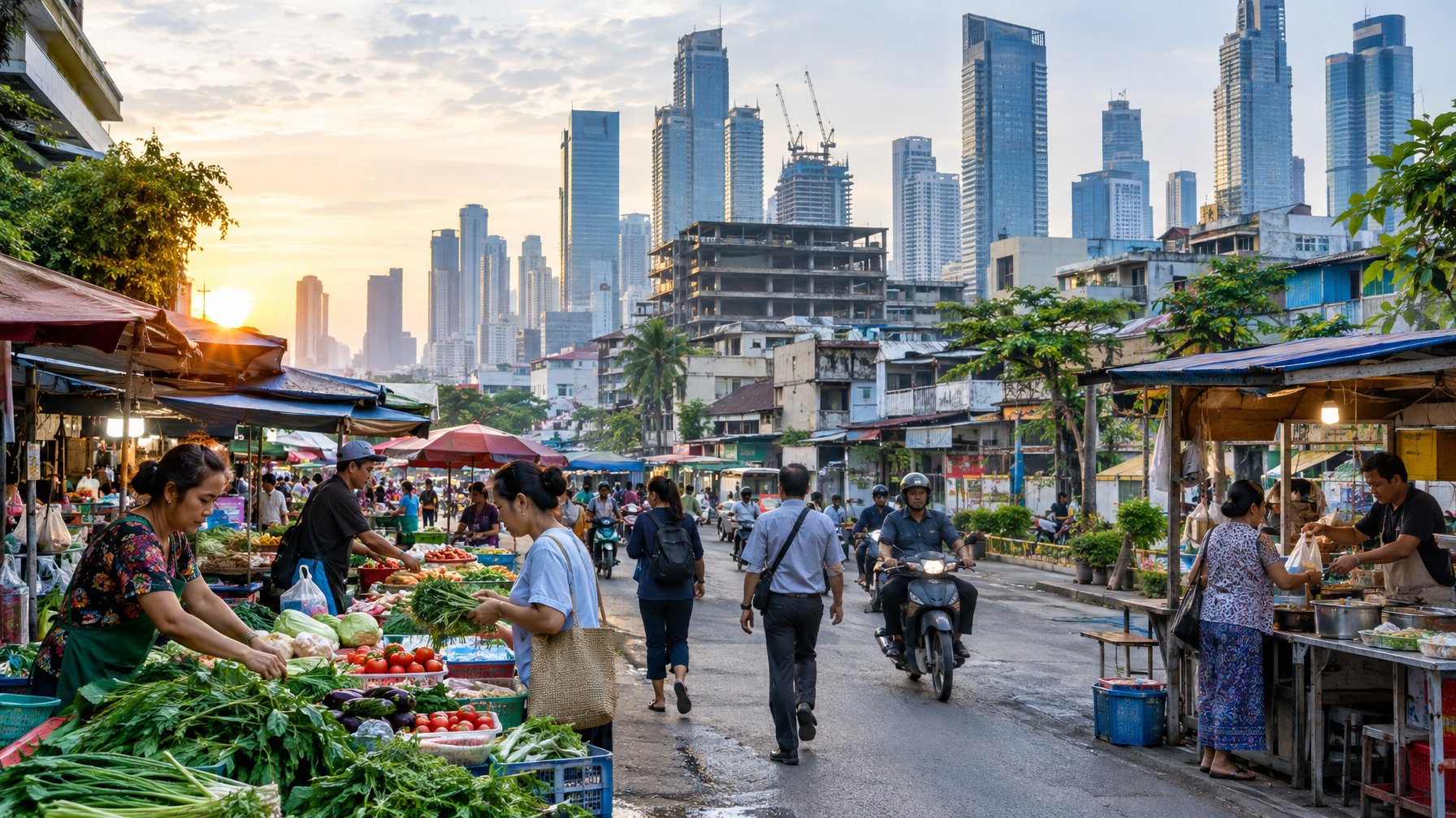 Pedagang dan warga beraktivitas di pasar dengan gedung kota modern di kejauhan.