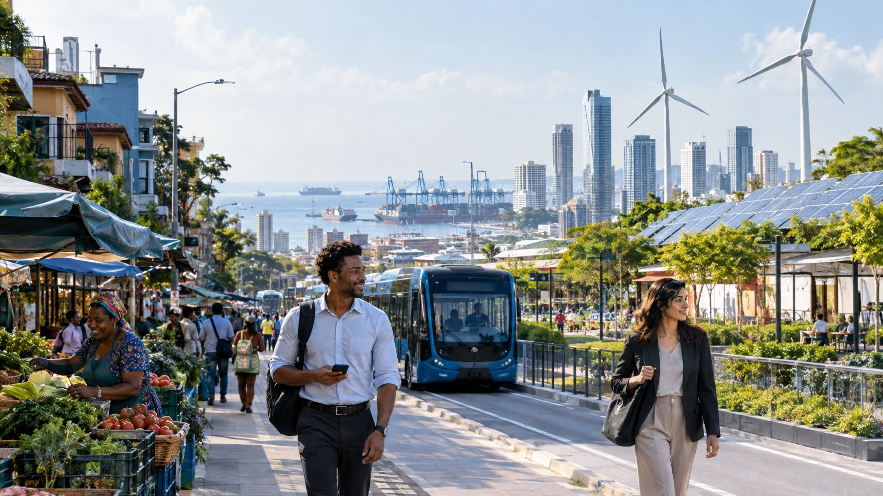Warga beraktivitas di kota yang berkembang dengan transportasi modern dan infrastruktur energi bersih.