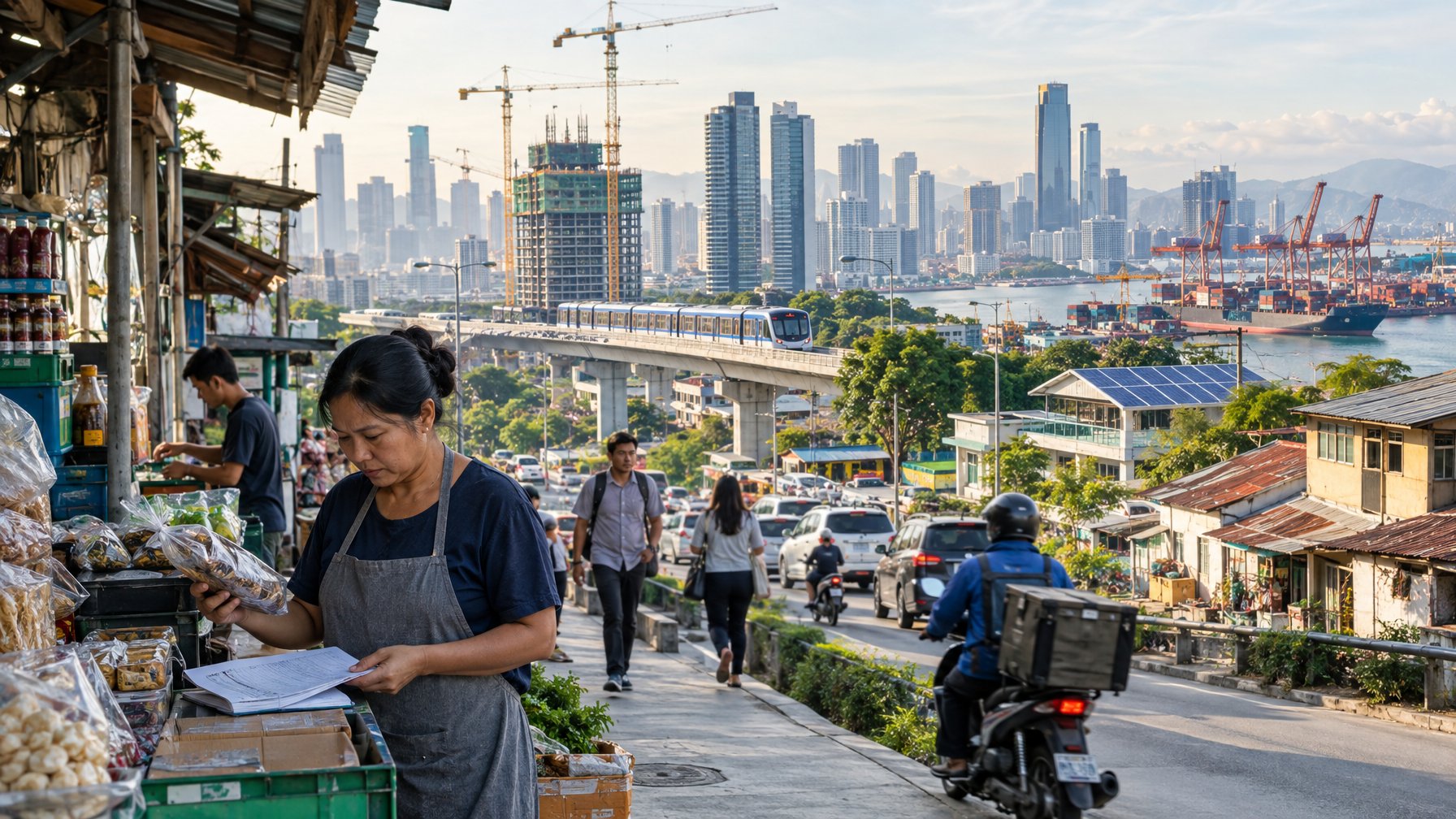 Pemilik kios menata barang di pasar kota, dengan pekerja, pembangunan, dan pelabuhan terlihat di latar belakang.