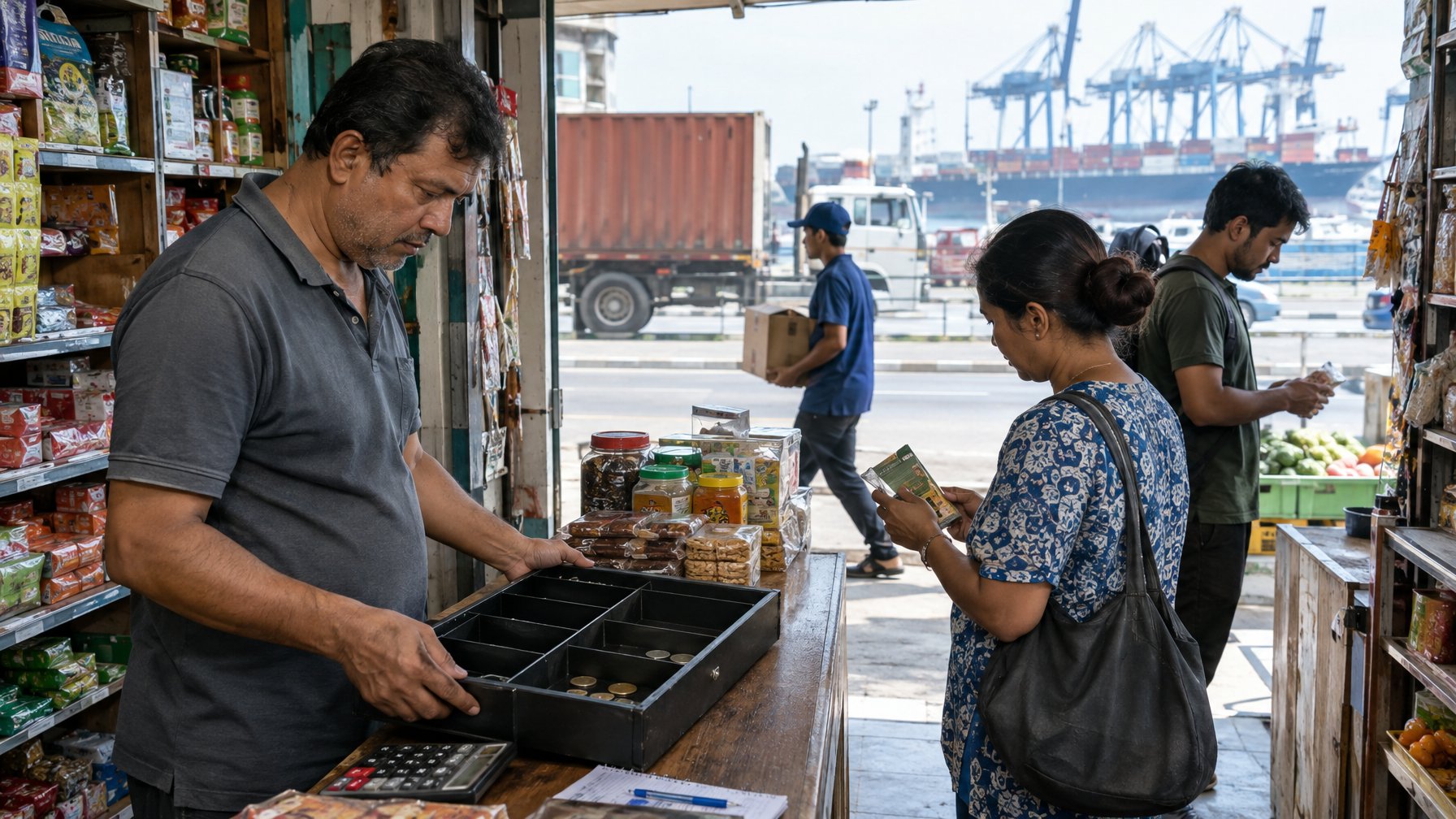 Pemilik toko memeriksa laci uang sementara pelanggan berbelanja di pasar yang ramai.