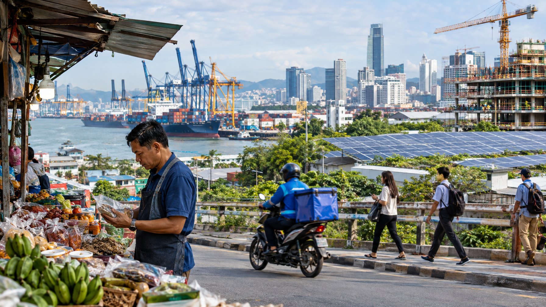 Pemilik usaha kecil bekerja di pasar dengan kota, pelabuhan, dan panel surya di latar belakang.
