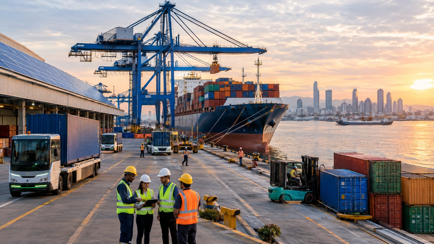 Pekerja pelabuhan mengatur peti kemas di terminal modern dengan kapal kargo dan kendaraan logistik.
