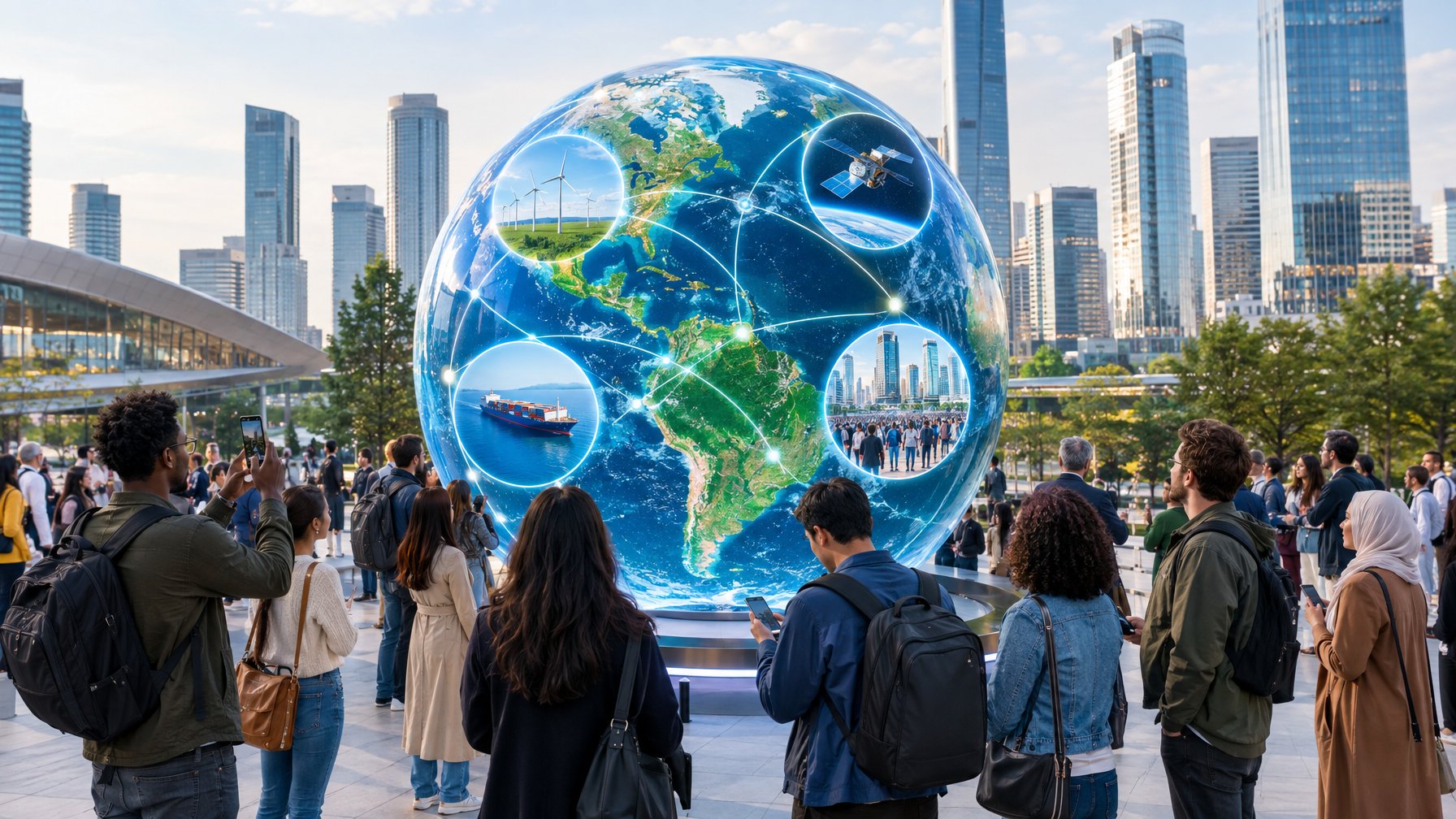 Sekelompok orang berkumpul mengelilingi globe digital di alun-alun kota.