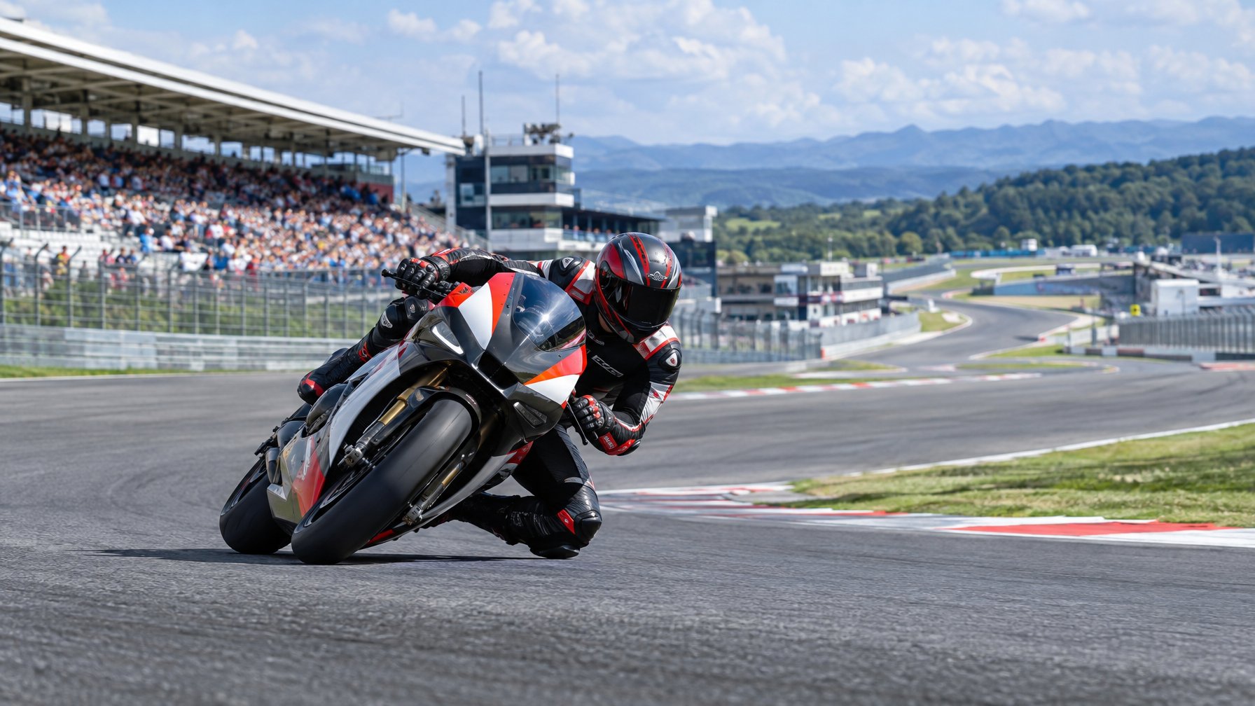 Pembalap MotoGP melaju di tikungan sirkuit dengan tribun penonton di latar belakang.