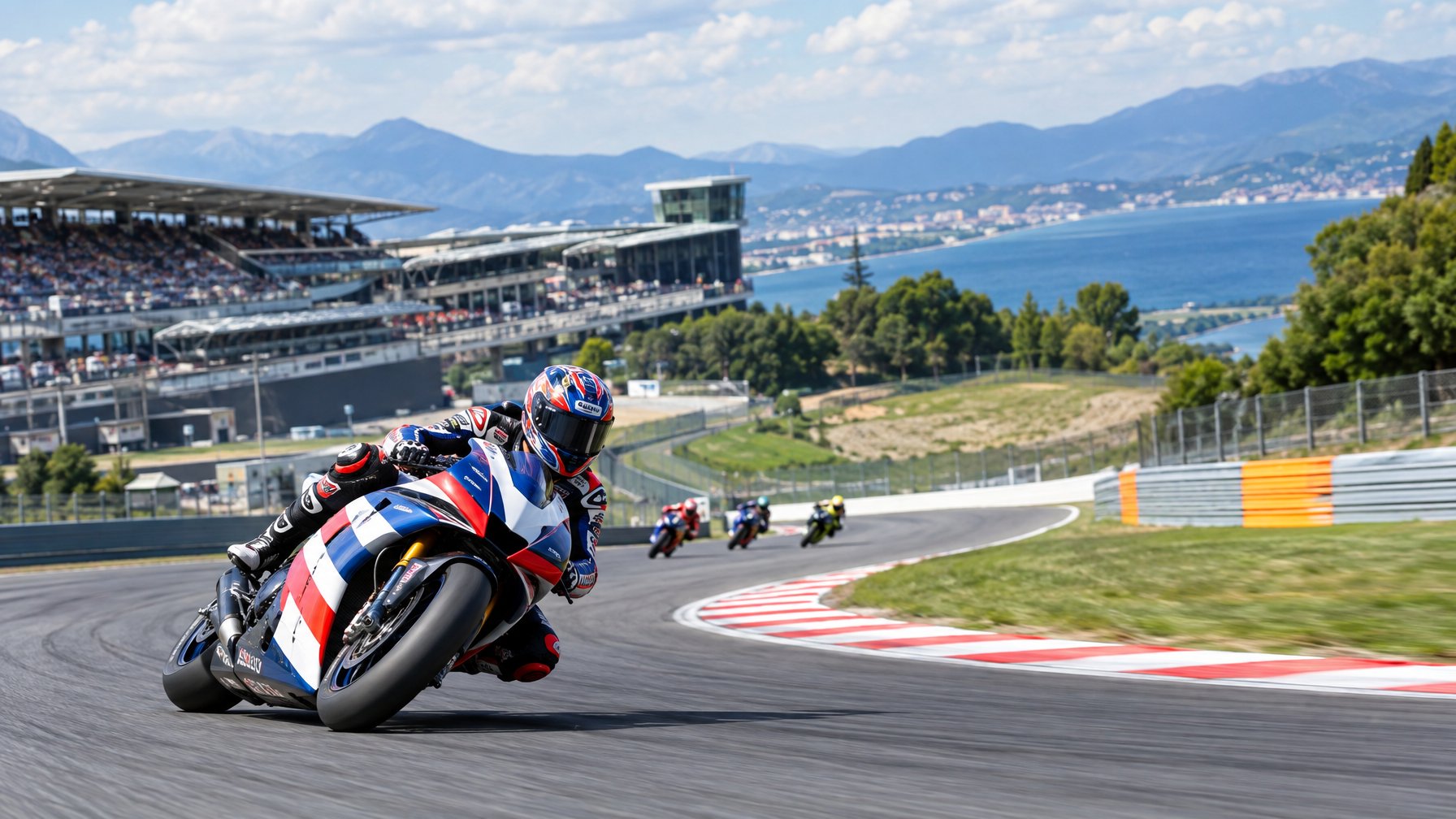 Pembalap MotoGP melaju di tikungan sirkuit dengan beberapa motor mengikuti di belakangnya.