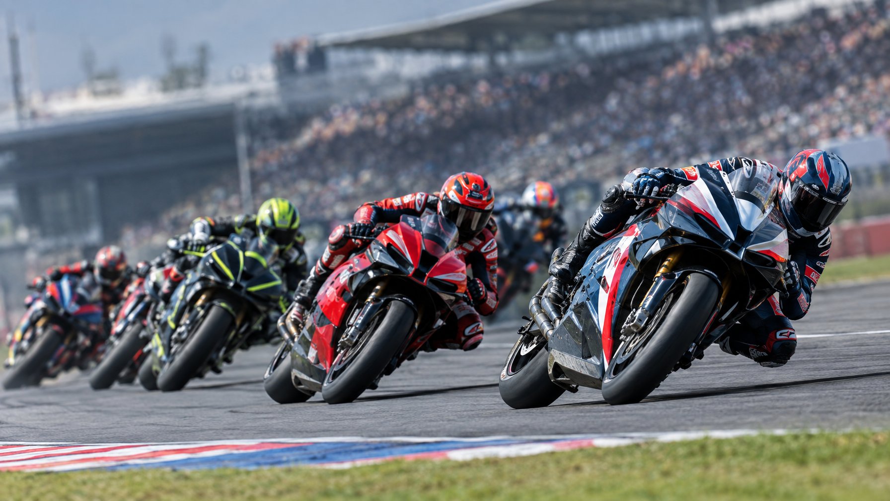 Sejumlah pembalap MotoGP melaju beriringan melewati tikungan sirkuit.