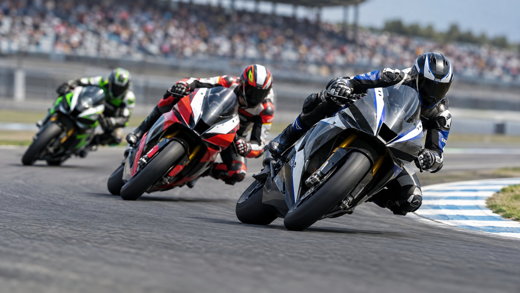 Para pembalap MotoGP bersaing ketat di tikungan sirkuit.