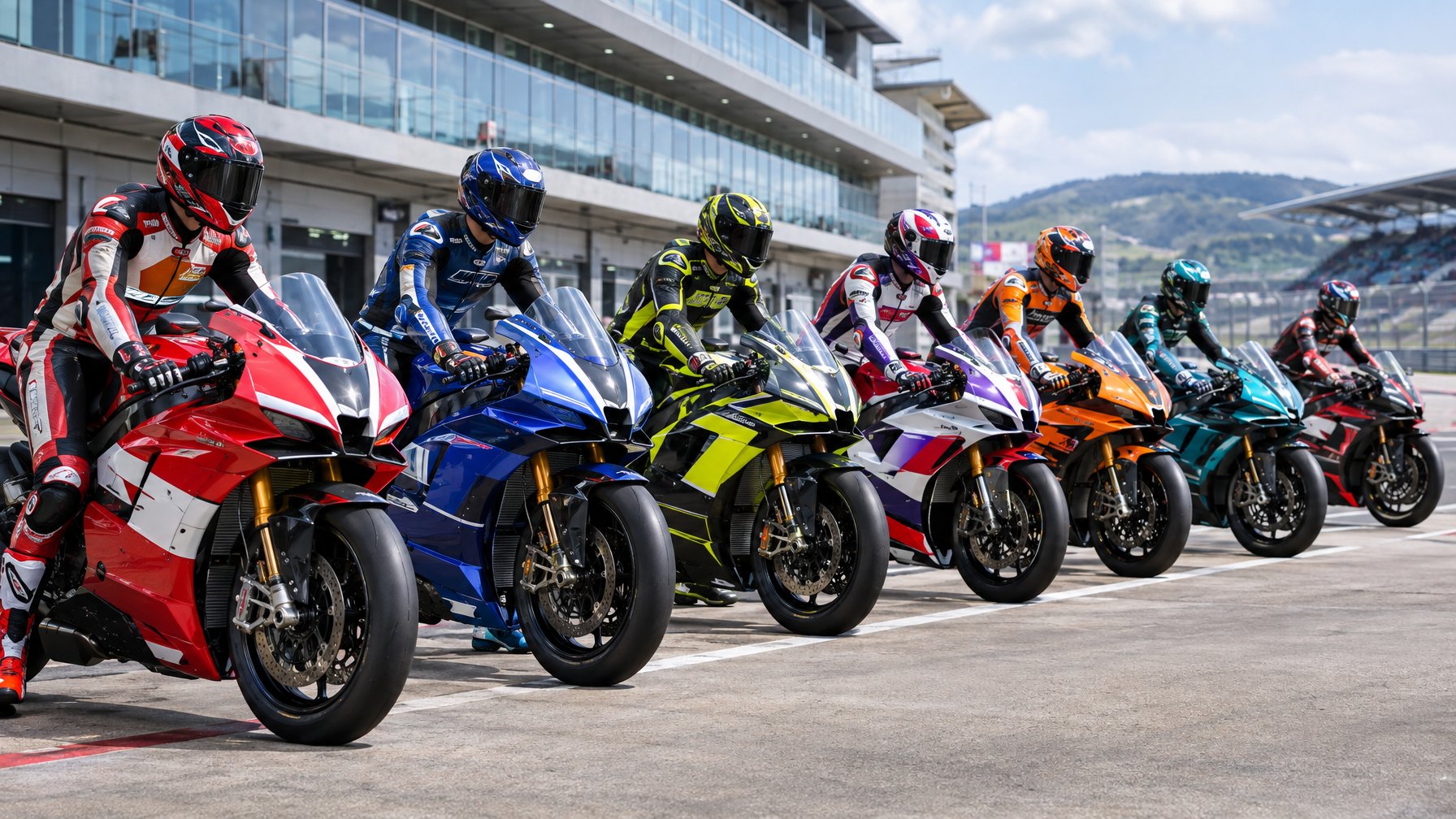 Para pembalap MotoGP berdiri bersama motor balap mereka di area pit sirkuit.