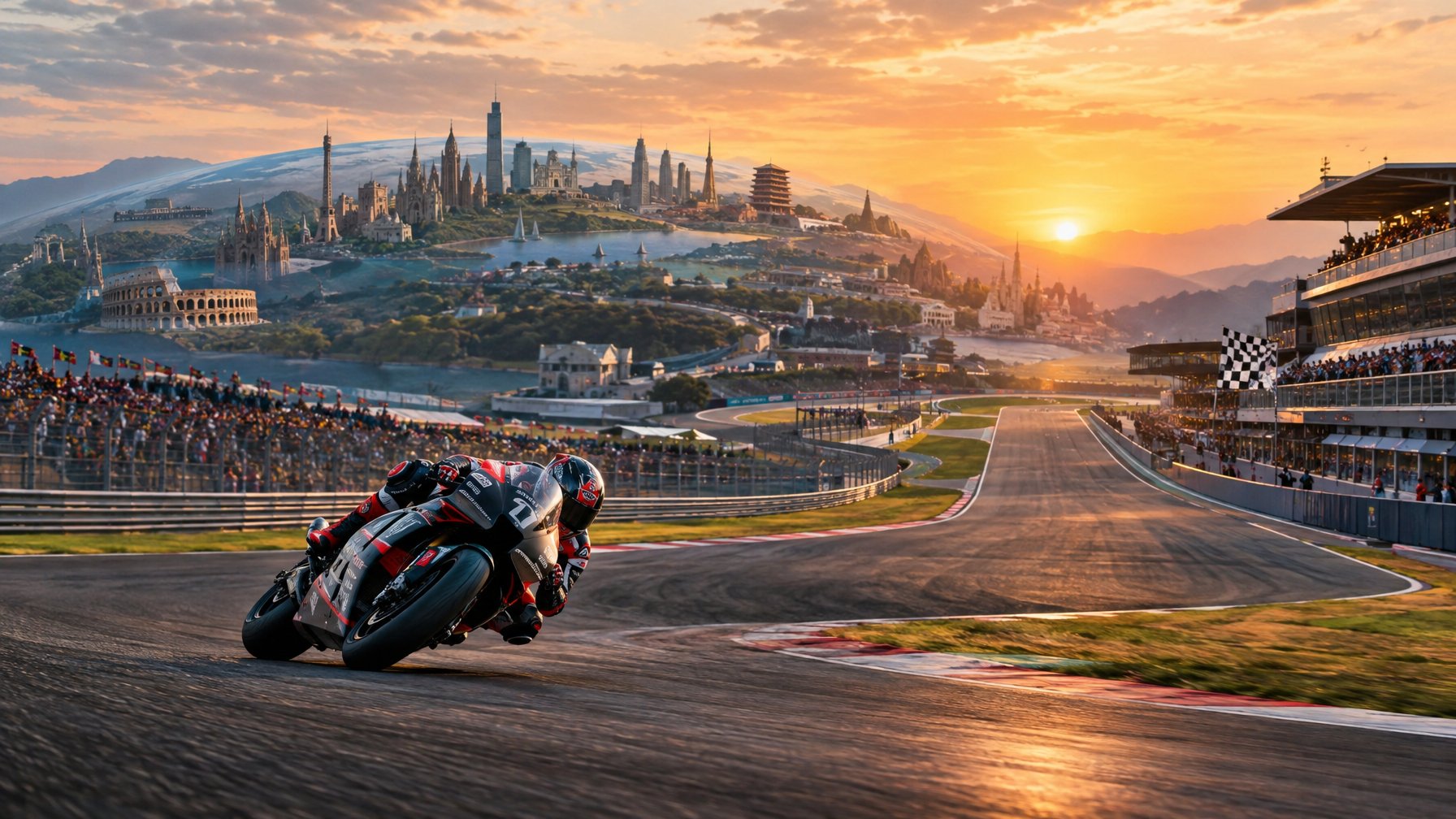 Pembalap MotoGP melaju di tikungan sirkuit dengan tribun penonton dan bendera finis di kejauhan.