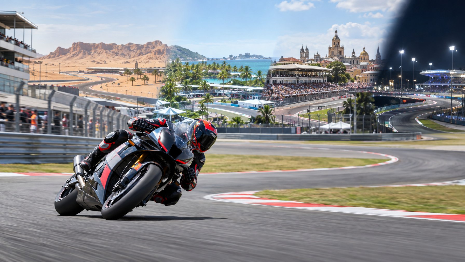 Pembalap MotoGP menikung di sirkuit dengan suasana berbagai balapan internasional.