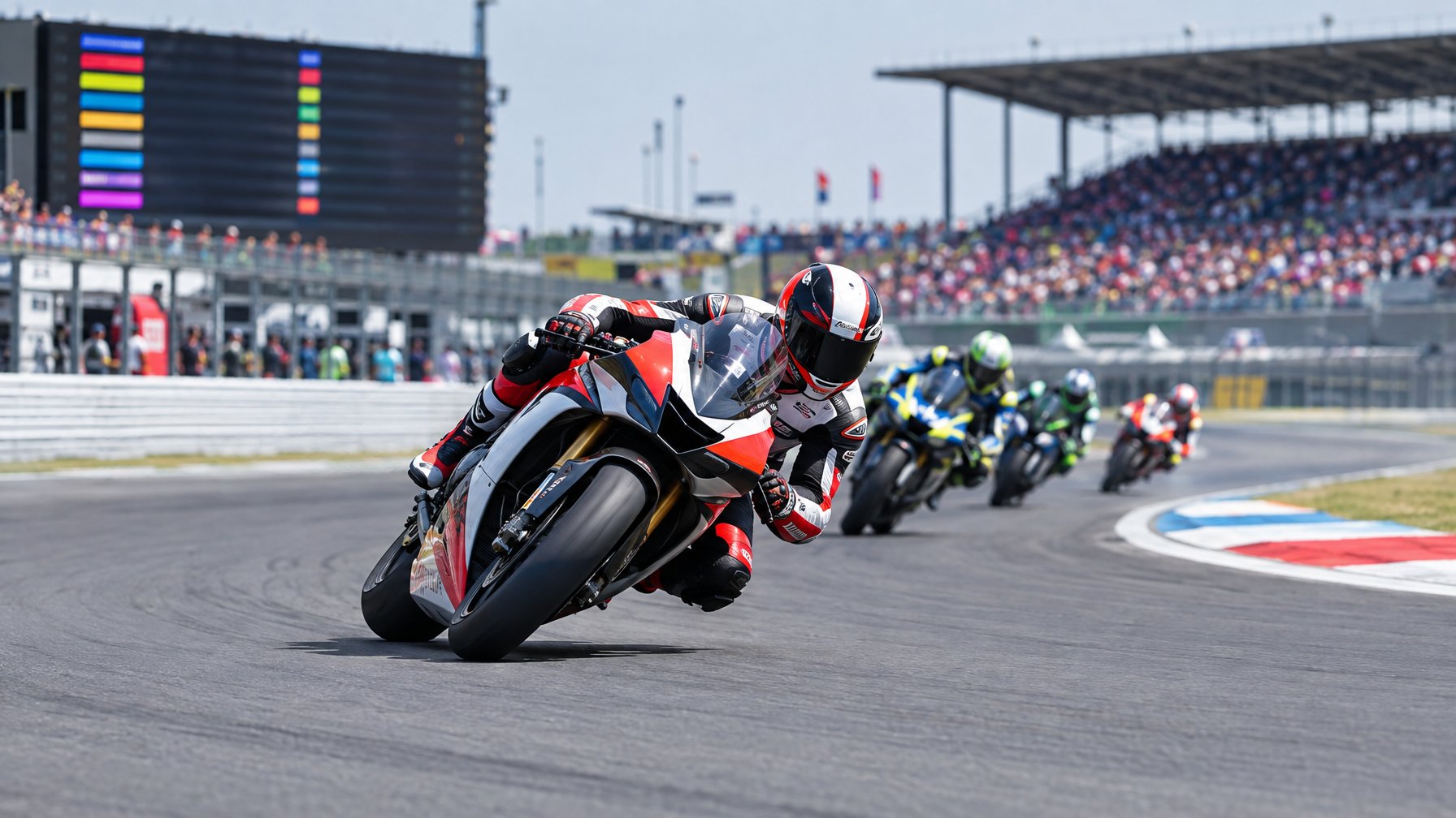 Pembalap MotoGP melaju di tikungan sirkuit dengan beberapa pembalap lain mengikutinya.