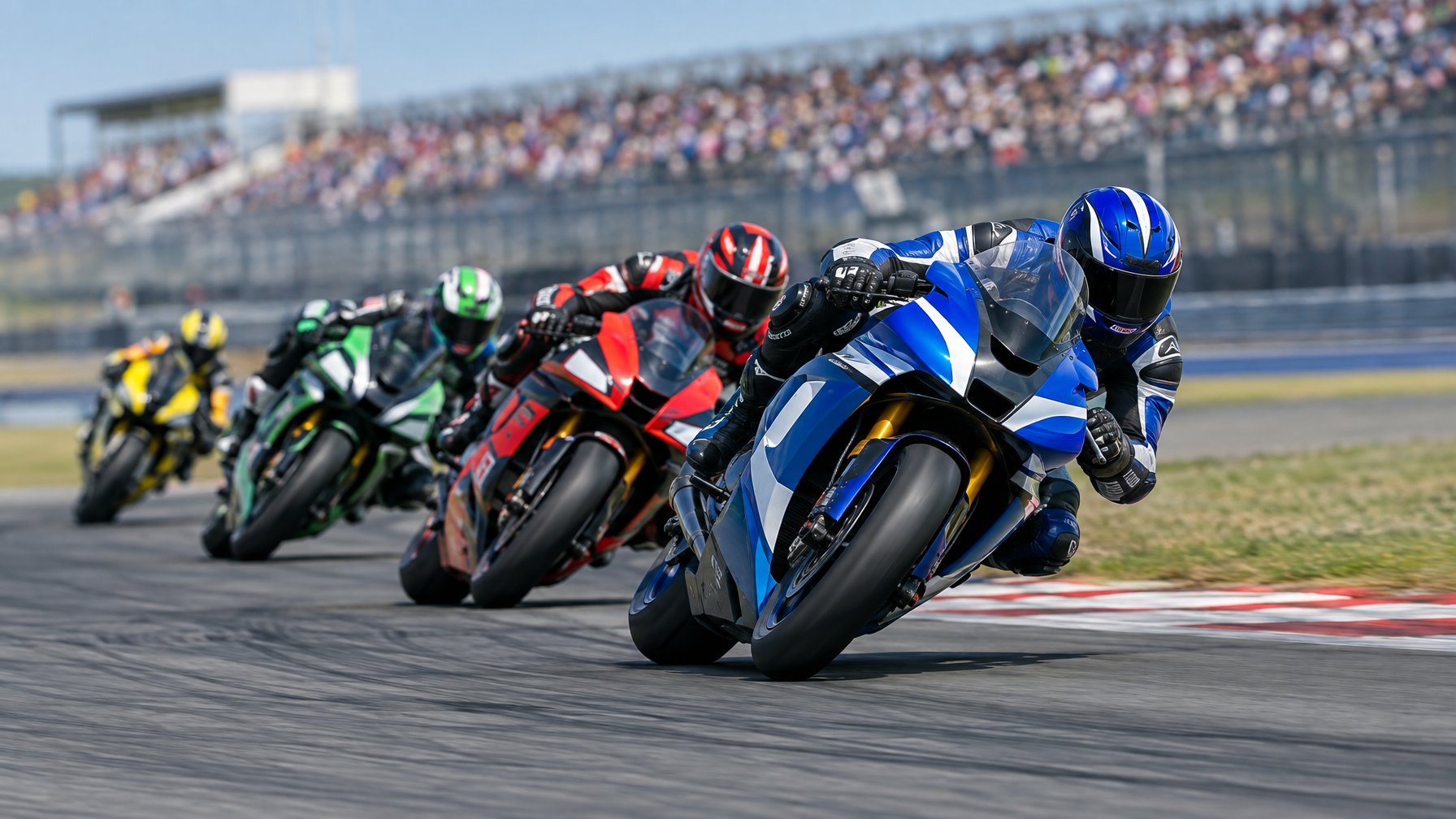 Para pembalap MotoGP melaju berdekatan saat menikung di sirkuit.
