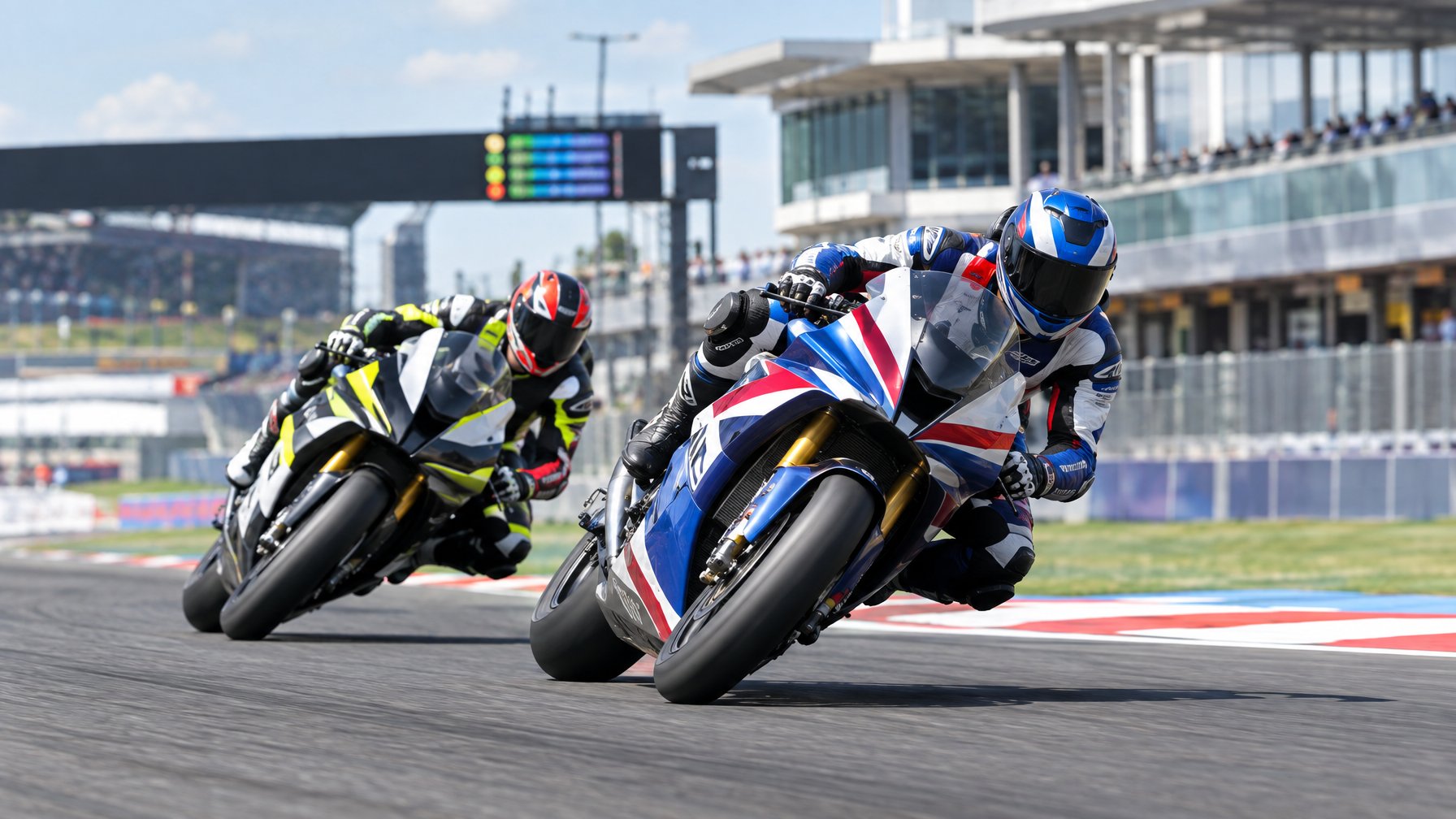 Dua pembalap MotoGP melaju berdampingan saat menikung di sirkuit.