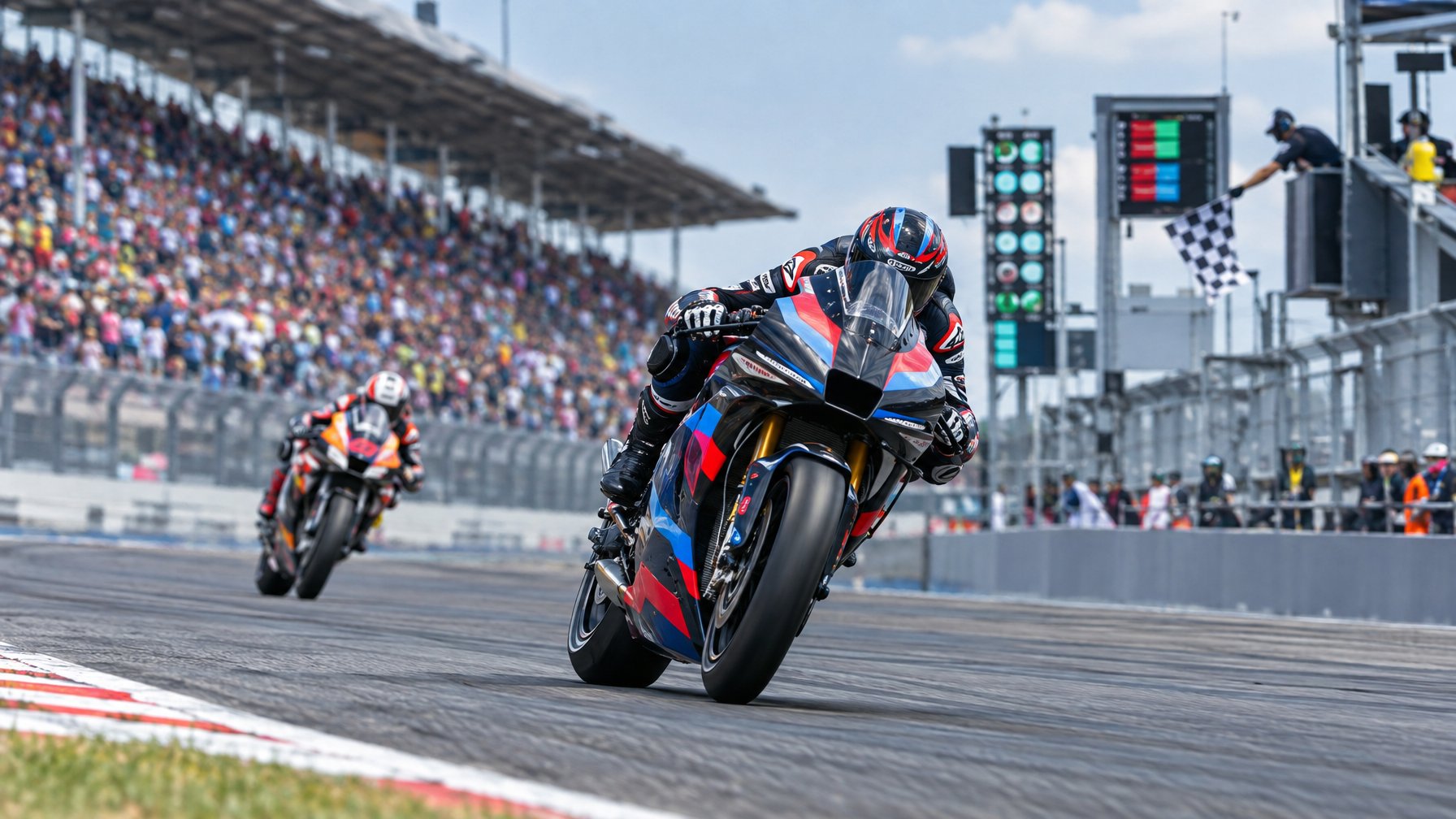 Pembalap MotoGP melaju kencang melewati tikungan sirkuit.