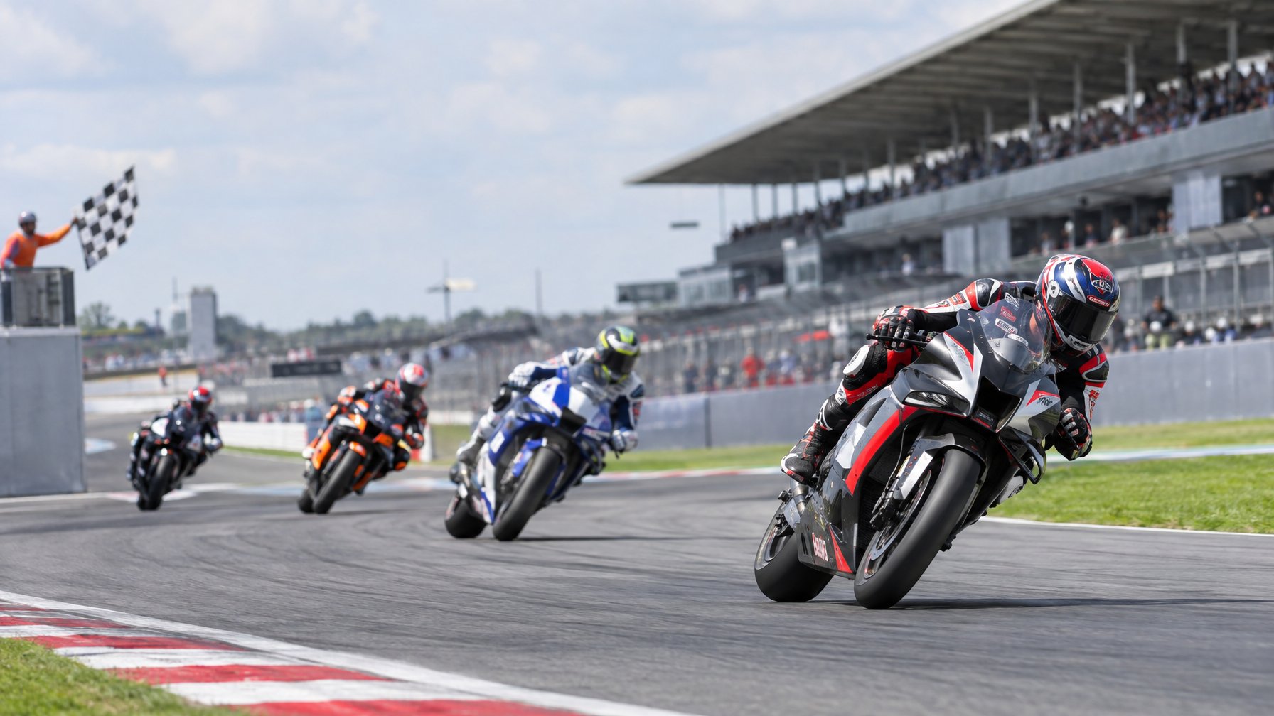Sejumlah pembalap MotoGP melaju melewati tikungan setelah garis finis, dengan satu pembalap berada di depan.