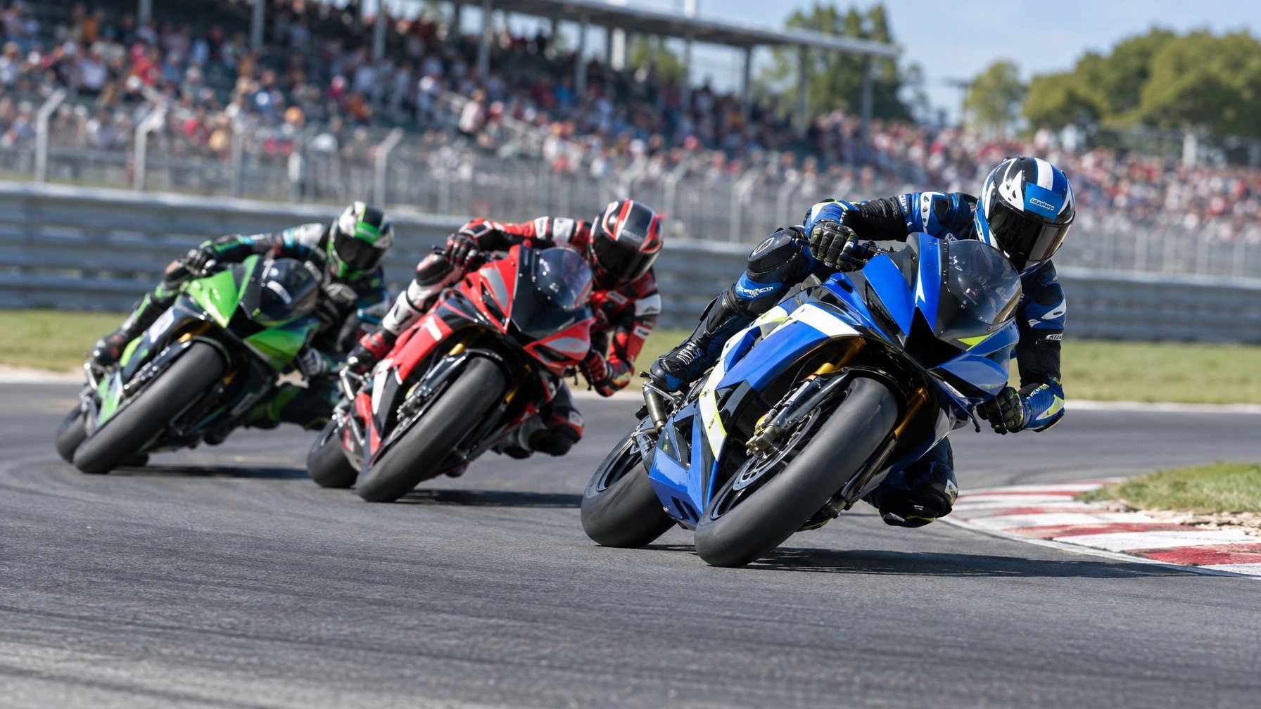 Para pembalap MotoGP bersaing ketat di tikungan sirkuit.
