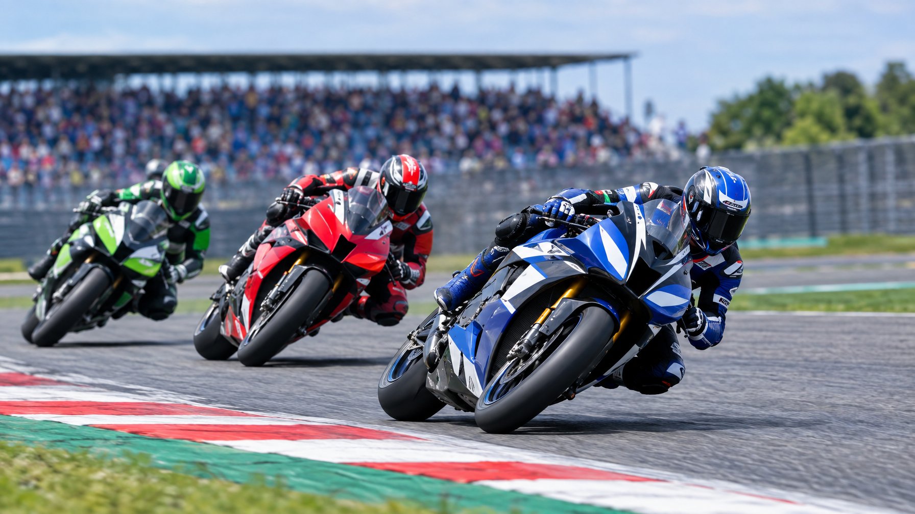 Tiga pembalap MotoGP saling bersaing ketat saat menikung di lintasan.