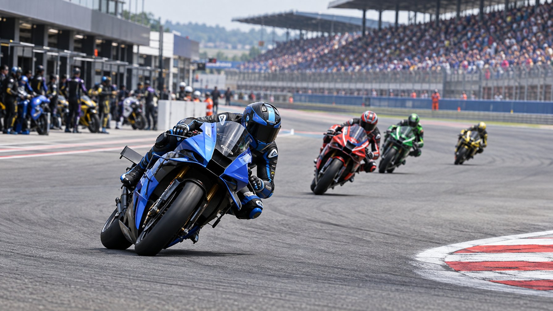 Pembalap MotoGP memacu motor balap di tikungan sirkuit.