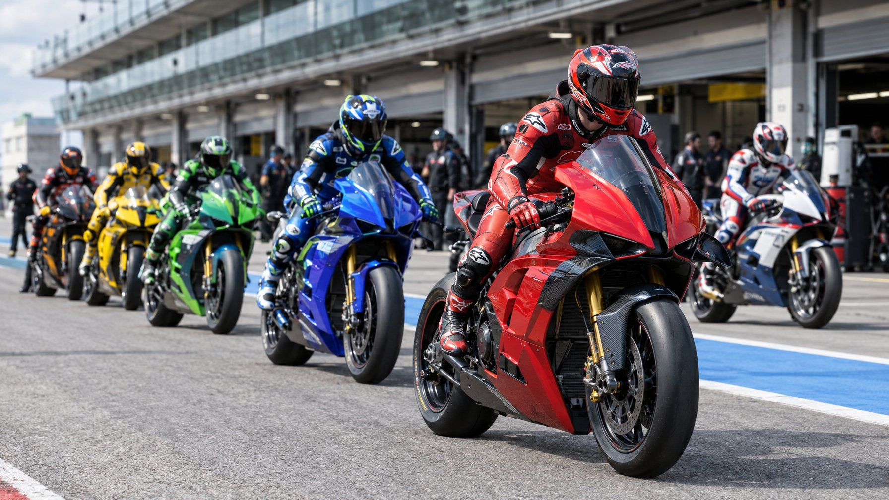 Deretan pembalap dan motor balap MotoGP di area pit.