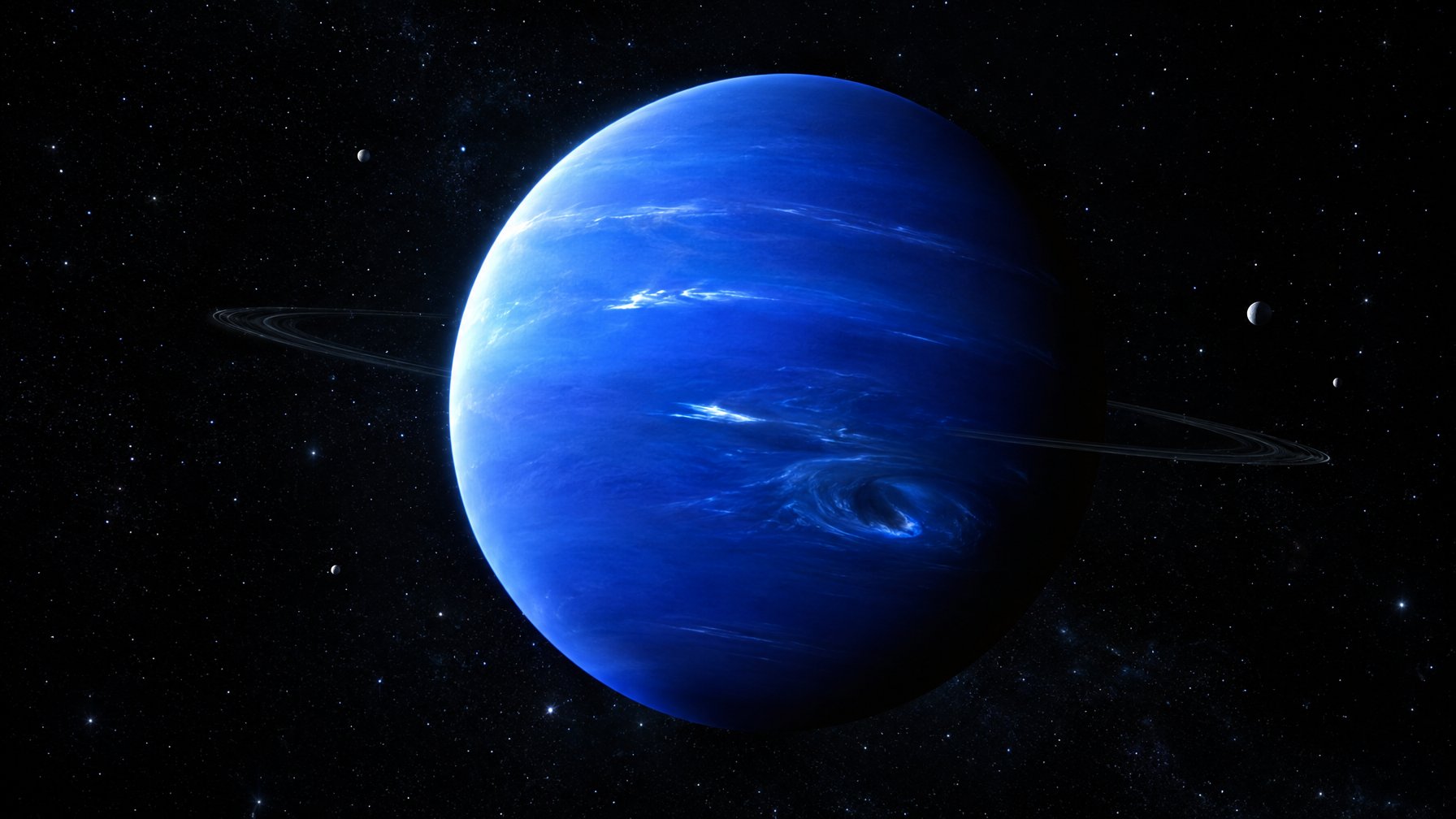 Planet Neptunus tampak biru dengan badai berputar di angkasa.