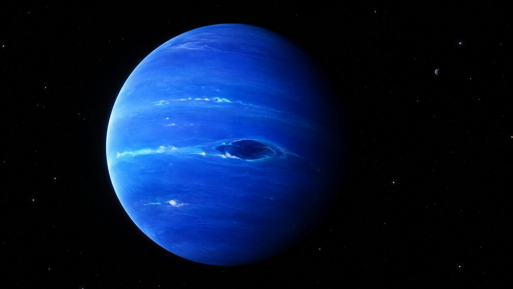 Planet Neptunus tampak sebagai bola biru dengan awan dan badai di ruang angkasa.