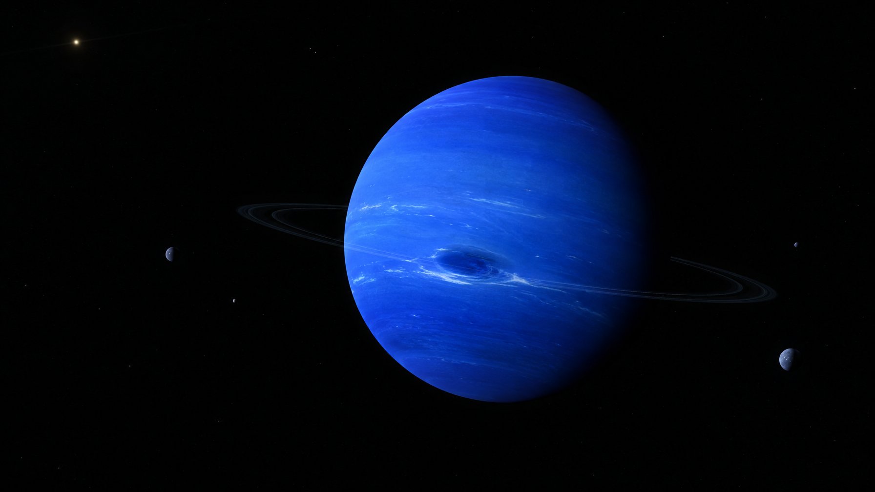 Planet Neptunus berwarna biru tampak di angkasa dengan cincin tipis dan beberapa bulan di sekitarnya.