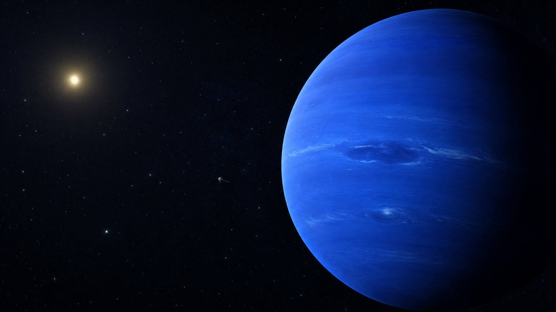 Planet Neptunus tampak besar di ruang angkasa, dengan Matahari kecil dan sebuah wahana antariksa di kejauhan.