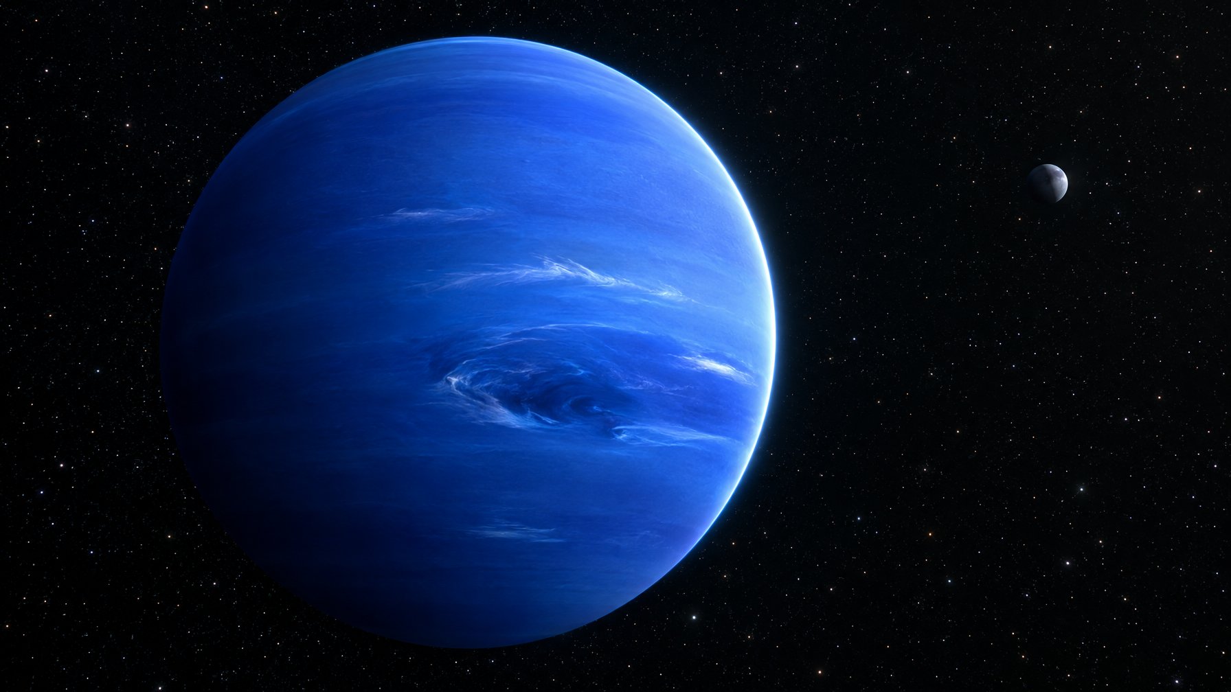 Neptunus biru dengan badai besar dan Triton kecil di kejauhan.